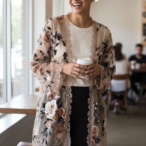 Willow&Clay Taupe Black Tan Semi-Sheer Lace Trimmed Open Front Cardigan size M/L